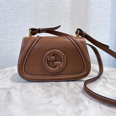 Gucci 棕色牛皮Blondie小號金釦下蓋磁釦肩斜背包