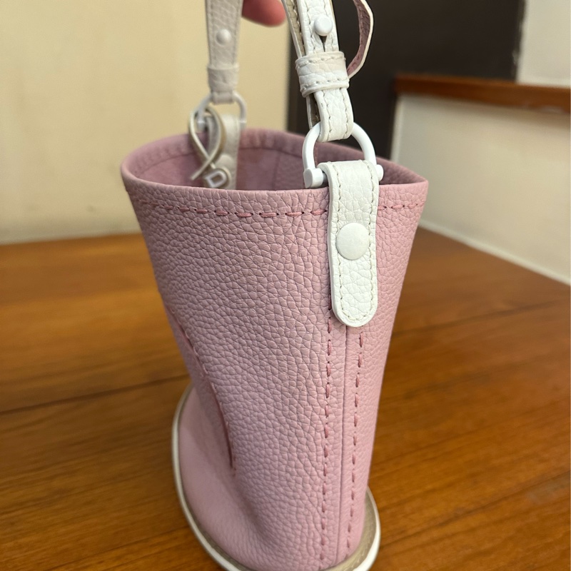 DELVAUX 暗粉皮革白邊手提水桶包 超美-1