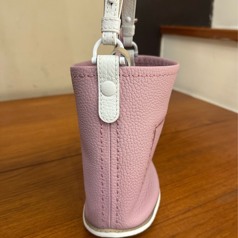 DELVAUX 暗粉皮革白邊手提水桶包 超美-2