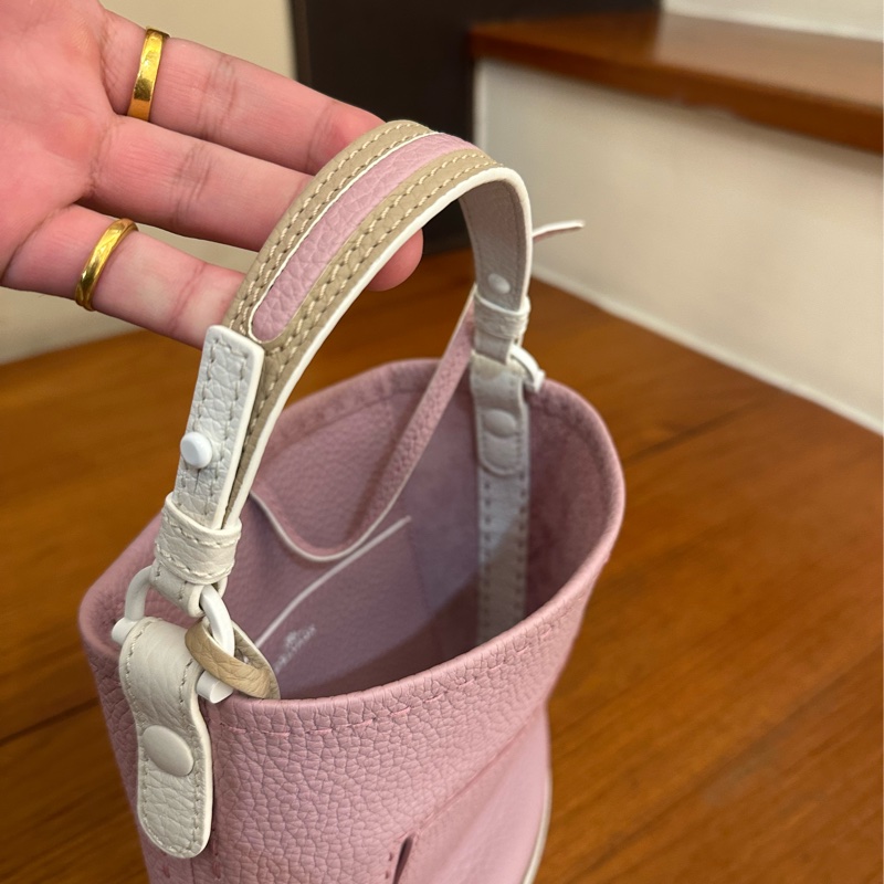 DELVAUX 暗粉皮革白邊手提水桶包 超美-3