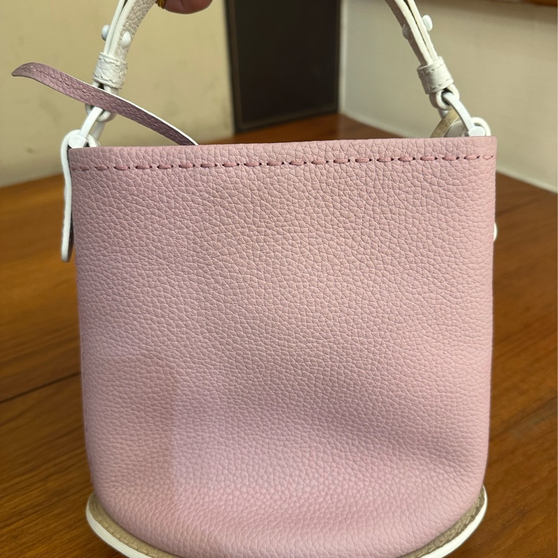 DELVAUX 暗粉皮革白邊手提水桶包 超美-7