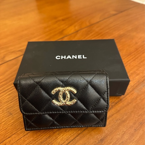 CHANEL 黑荔枝蛇鏈雙C雙面釦三折短夾