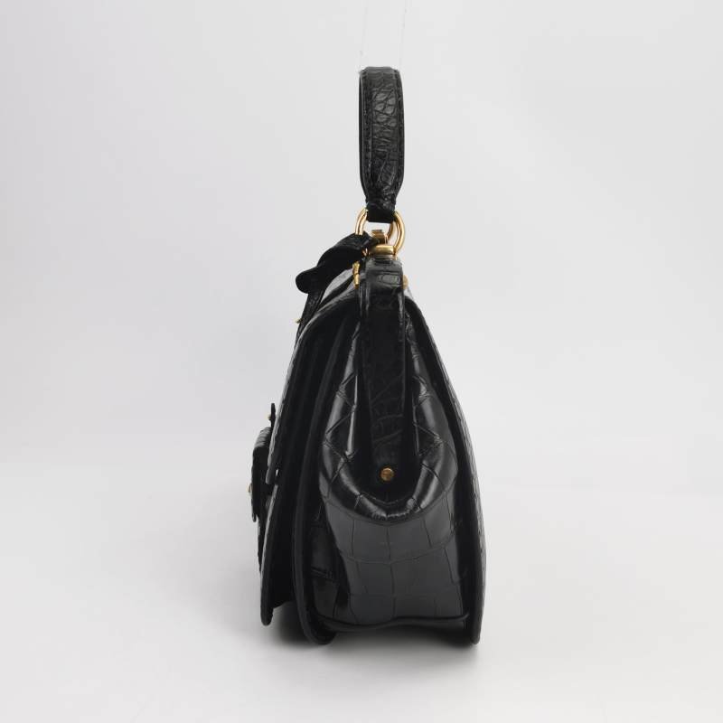 Gucci鱷魚皮純色壓紋字母ogo金屬扣手提包-2