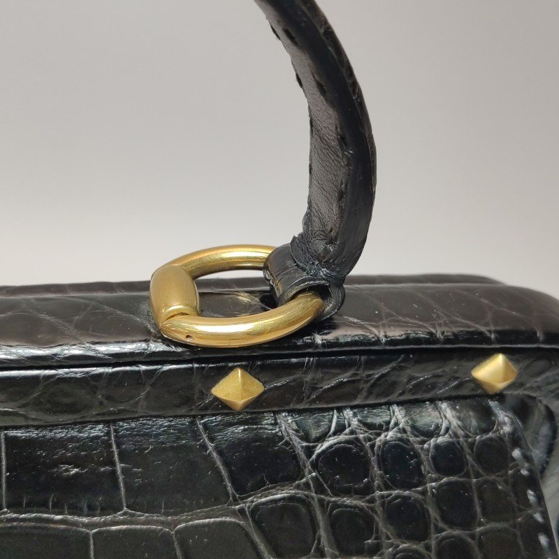 Gucci鱷魚皮純色壓紋字母ogo金屬扣手提包-12