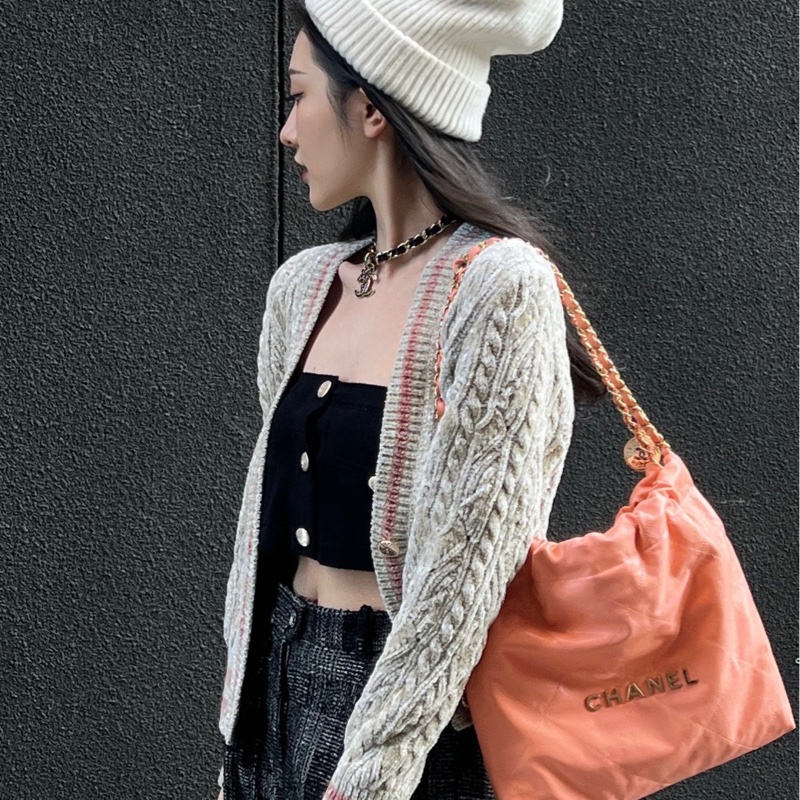 Chanel✨22bag 蜜桃粉粉橘色荔枝皮小號 購物包垃圾袋-0