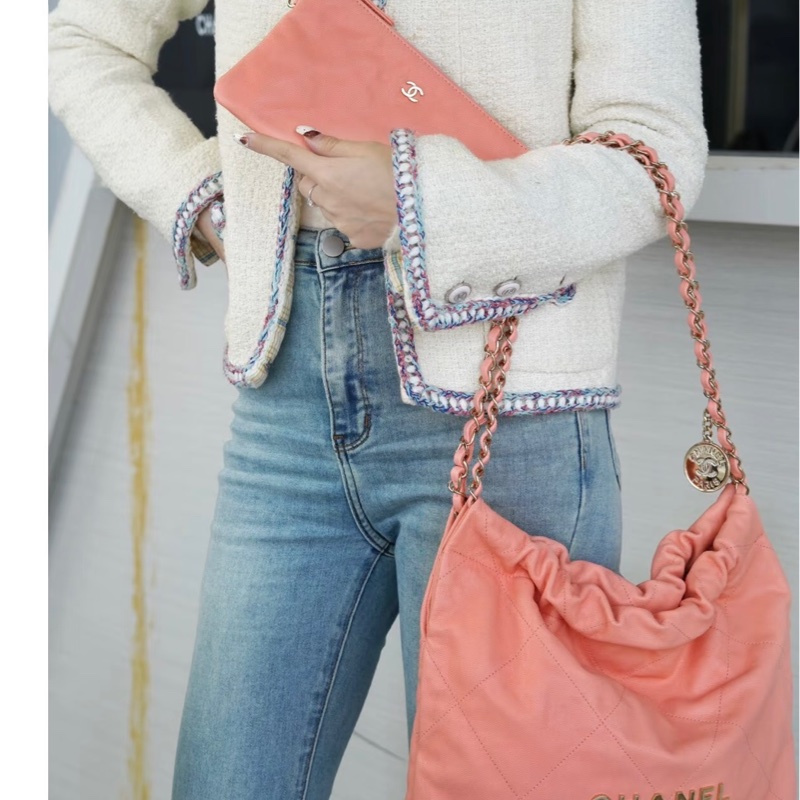 Chanel✨22bag 蜜桃粉粉橘色荔枝皮小號 購物包垃圾袋-1