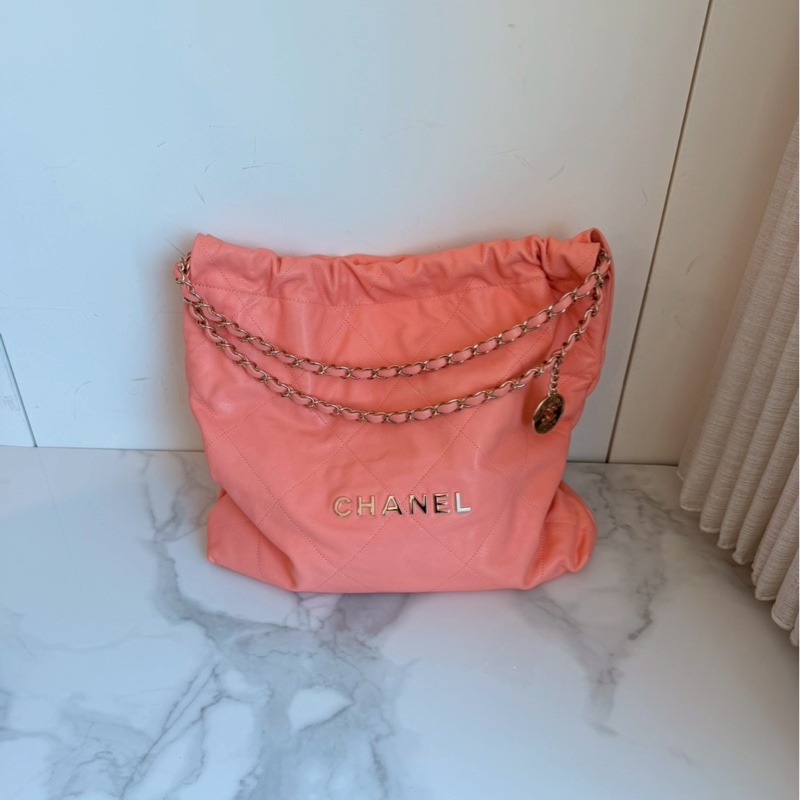 Chanel✨22bag 蜜桃粉粉橘色荔枝皮小號 購物包垃圾袋-10