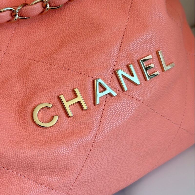 Chanel✨22bag 蜜桃粉粉橘色荔枝皮小號 購物包垃圾袋-12