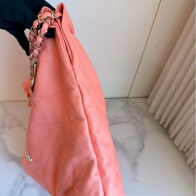 Chanel✨22bag 蜜桃粉粉橘色荔枝皮小號 購物包垃圾袋-17