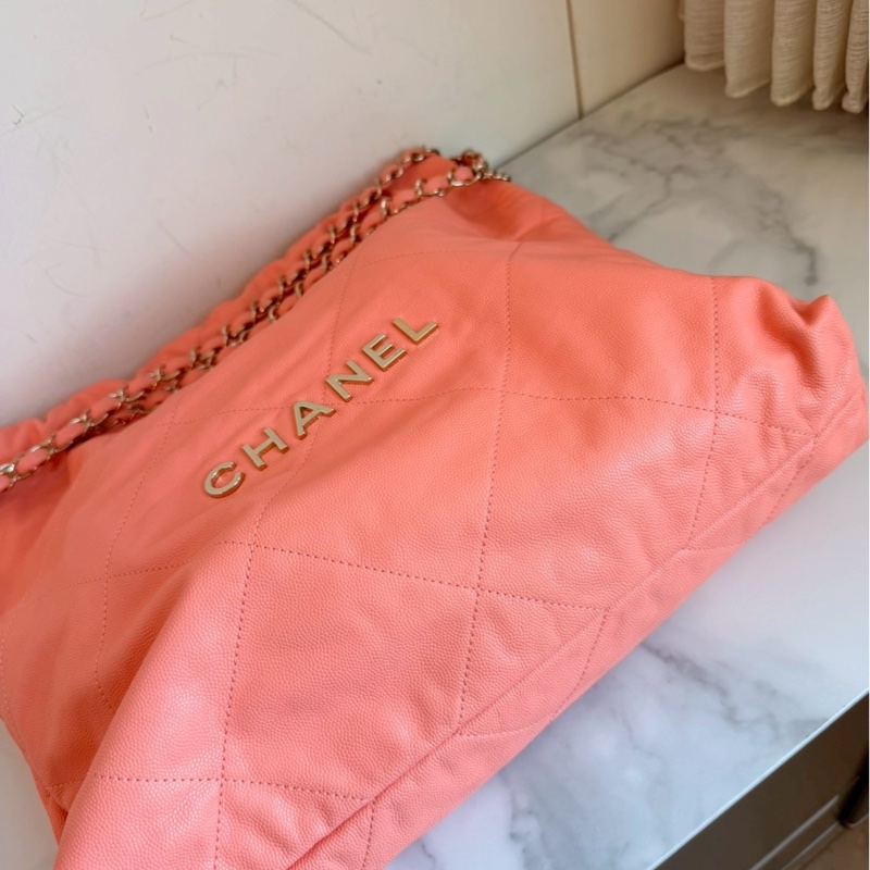 Chanel✨22bag 蜜桃粉粉橘色荔枝皮小號 購物包垃圾袋-19