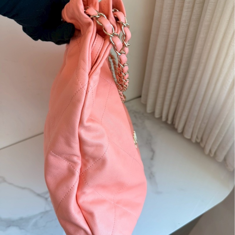 Chanel✨22bag 蜜桃粉粉橘色荔枝皮小號 購物包垃圾袋-23
