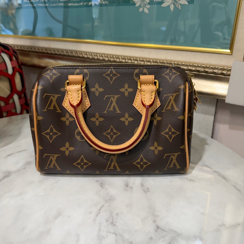 LV 原花Speedy Bandouliere20金釦手提肩斜背波士頓包M46594-1