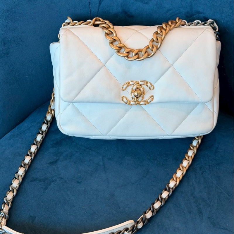 Chanel✨19bag 26公分 小號白色金釦鏈條包單肩包斜背包-1