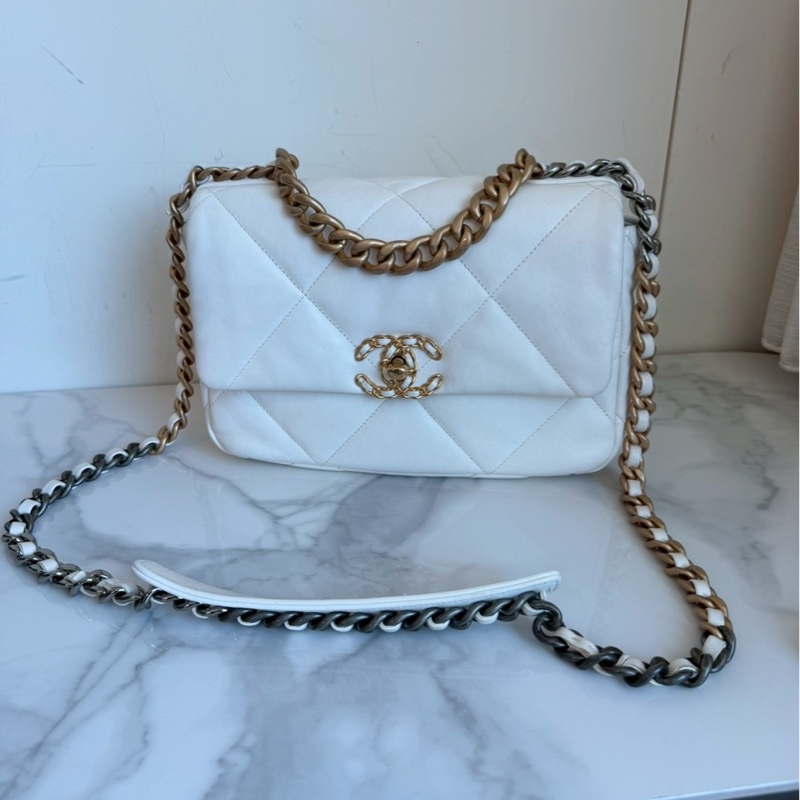 Chanel✨19bag 26公分 小號白色金釦鏈條包單肩包斜背包-8