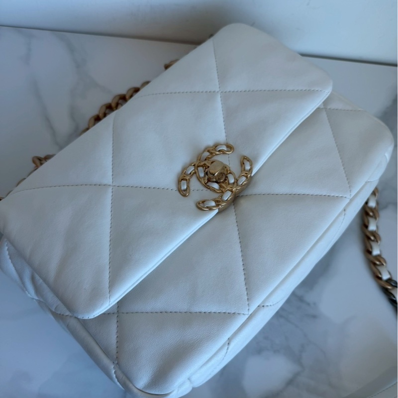 Chanel✨19bag 26公分 小號白色金釦鏈條包單肩包斜背包-12