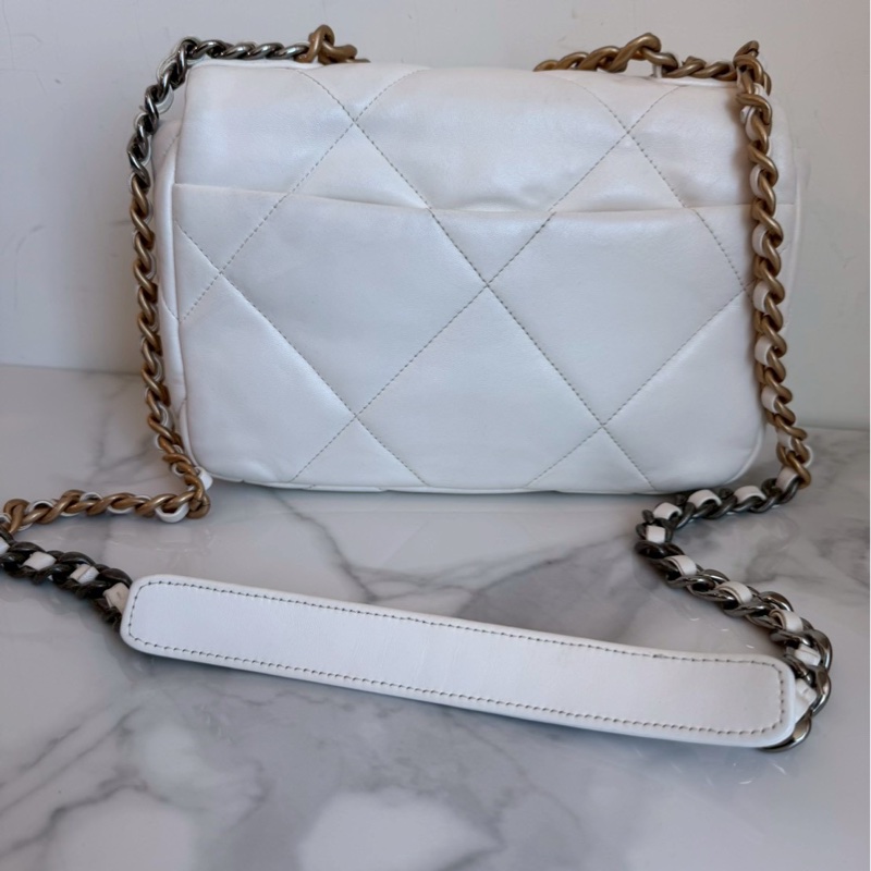 Chanel✨19bag 26公分 小號白色金釦鏈條包單肩包斜背包-13