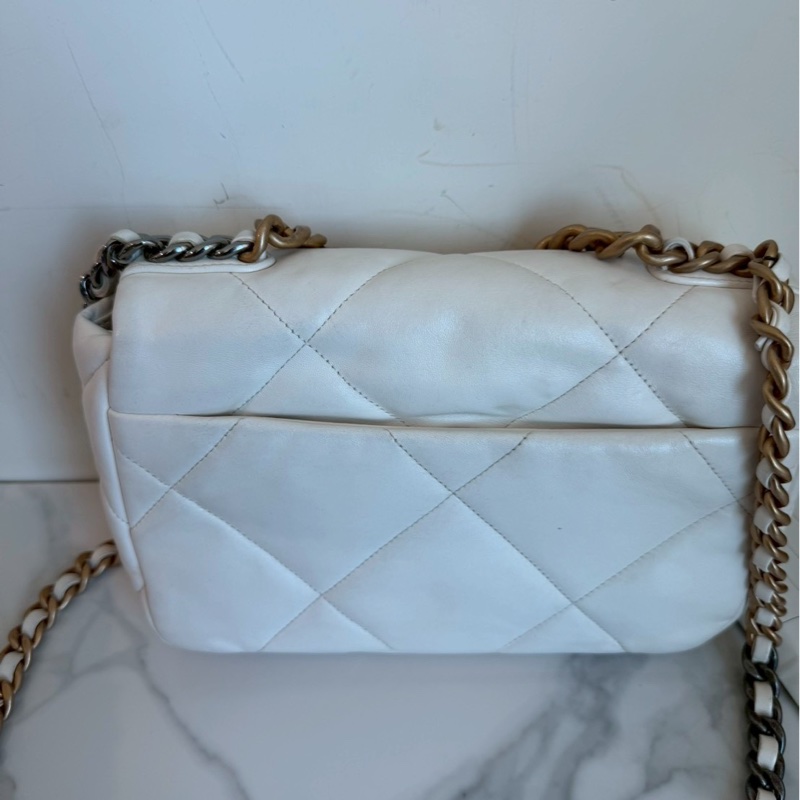 Chanel✨19bag 26公分 小號白色金釦鏈條包單肩包斜背包-14