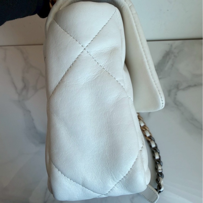 Chanel✨19bag 26公分 小號白色金釦鏈條包單肩包斜背包-20
