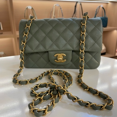 chanel经典荔枝皮大mini 25开 保卡塵袋  無盒子 古巴绿金扣