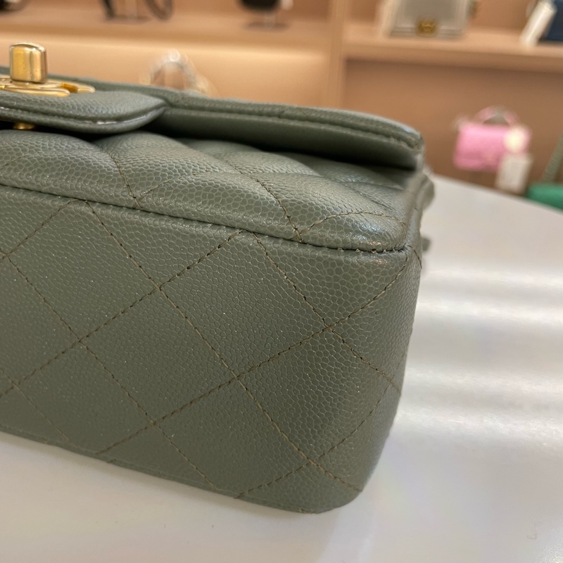 chanel经典荔枝皮大mini 25开 保卡塵袋  無盒子 古巴绿金扣-9