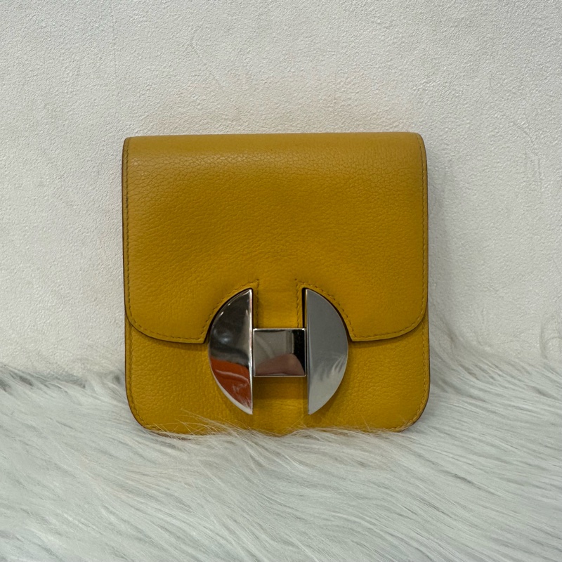 Hermes 芥末黃牛皮銀釦卡包 2002-0