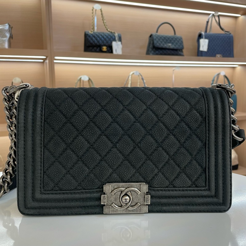 Chanel 黑银荔枝纹 磨砂 Leboy 中號 黑银 单肩包 斜挎包 18开-0