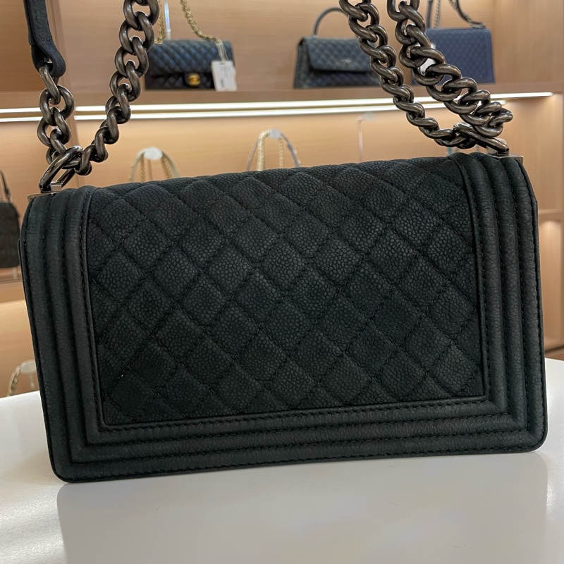 Chanel 黑银荔枝纹 磨砂 Leboy 中號 黑银 单肩包 斜挎包 18开-1