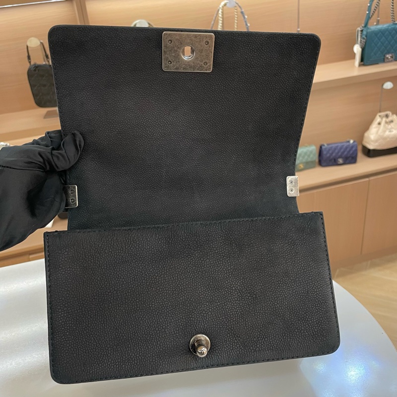 Chanel 黑银荔枝纹 磨砂 Leboy 中號 黑银 单肩包 斜挎包 18开-7