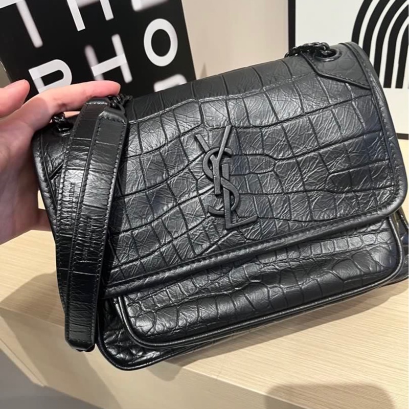YSL Niki 黑色鱷魚壓紋-2