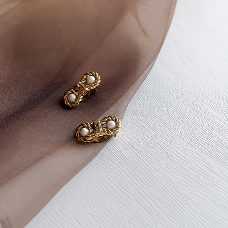 Celine 思琳 鍍金麻花仿珍珠耳夾 耳環-5