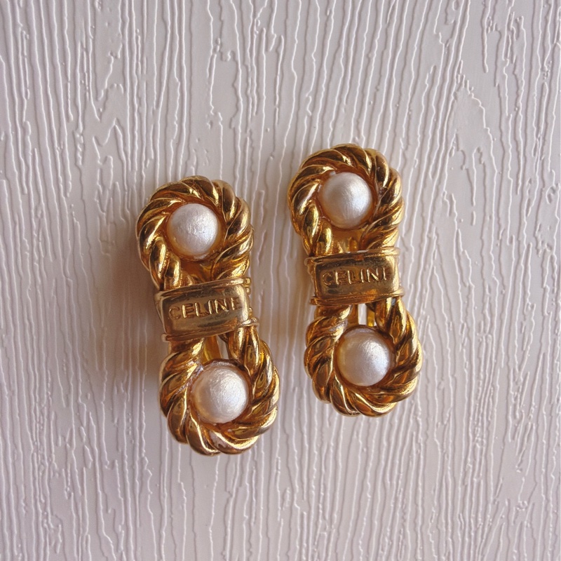 Celine 思琳 鍍金麻花仿珍珠耳夾 耳環-6