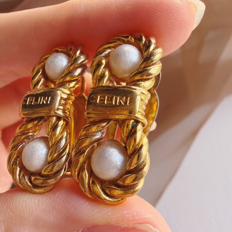 Celine 思琳 鍍金麻花仿珍珠耳夾 耳環-11