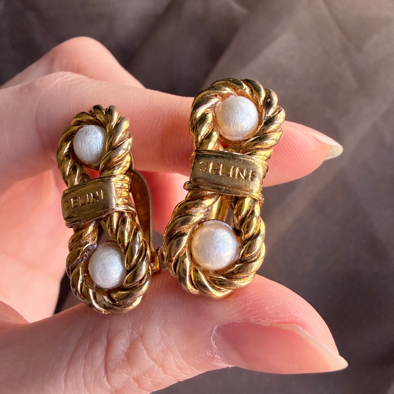 Celine 思琳 鍍金麻花仿珍珠耳夾 耳環-12
