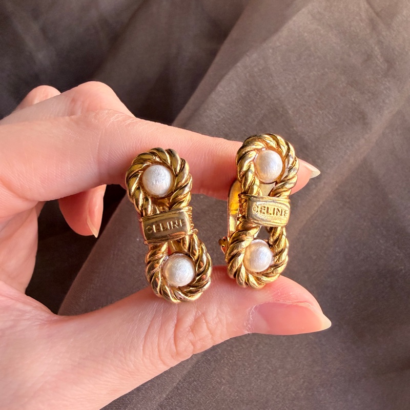 Celine 思琳 鍍金麻花仿珍珠耳夾 耳環-14