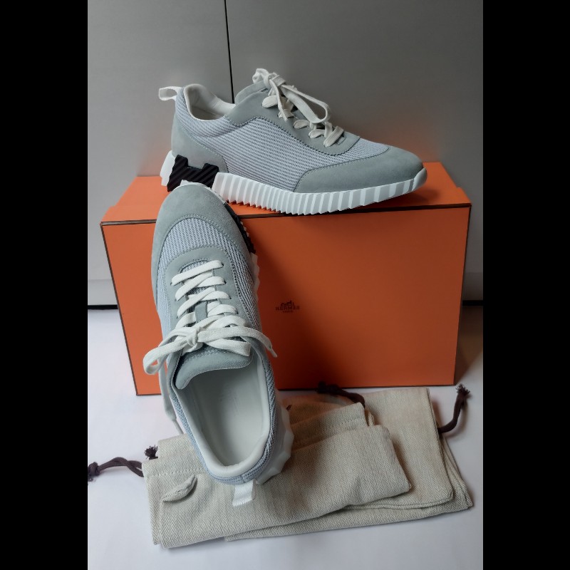 Hermes 淺灰藍麂皮+布休閒運動鞋-3