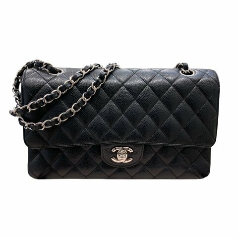 CHANEL 香奈兒 CF25翻蓋包 黑色 荔枝牛皮 銀釦