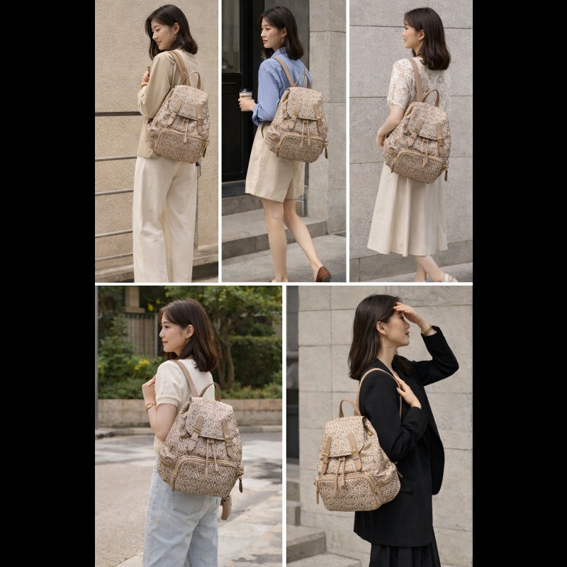 BURBERRY中款 奶茶色滿版logo肩背包 後背包-4