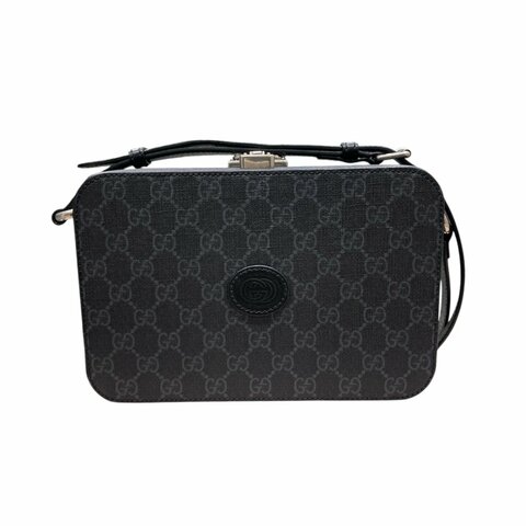 GUCCI 古馳 724717 老花小盒子斜背包 皮革 黑色 銀釦