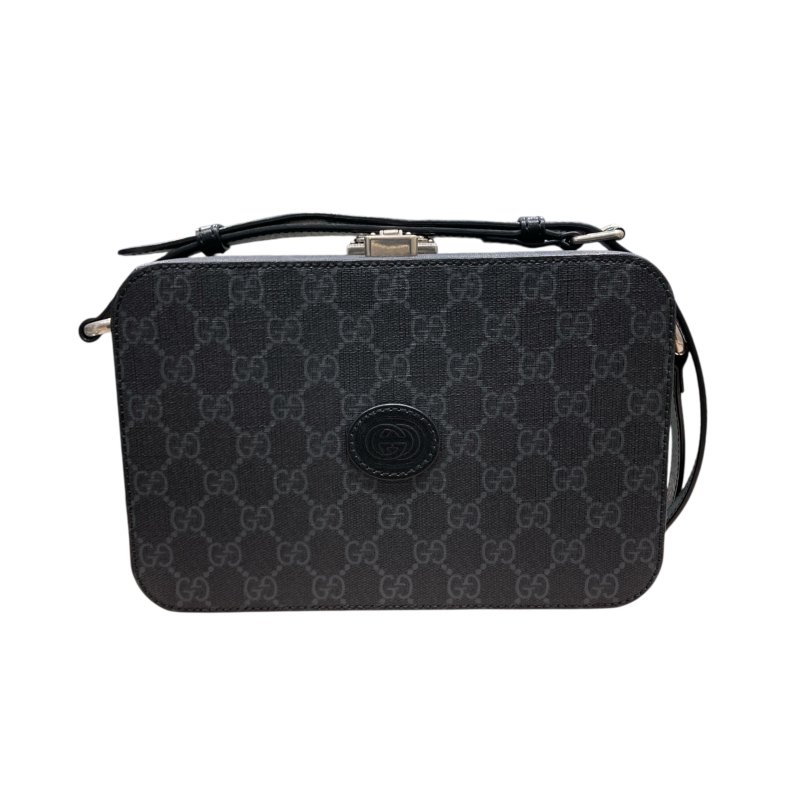 GUCCI 古馳 724717 老花小盒子斜背包 皮革 黑色 銀釦-0