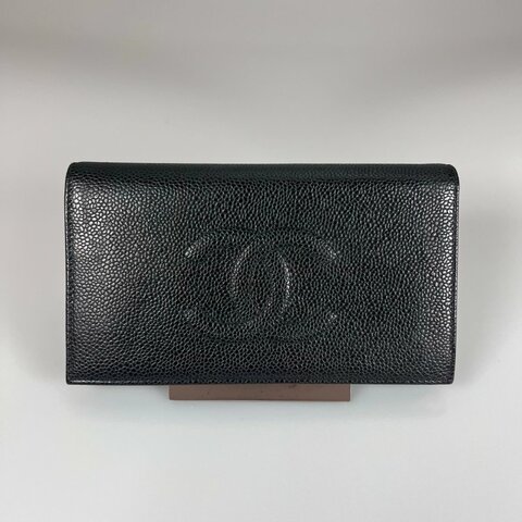 CHANEL 浮雕荔枝皮革對開長夾 黑 保卡款11開