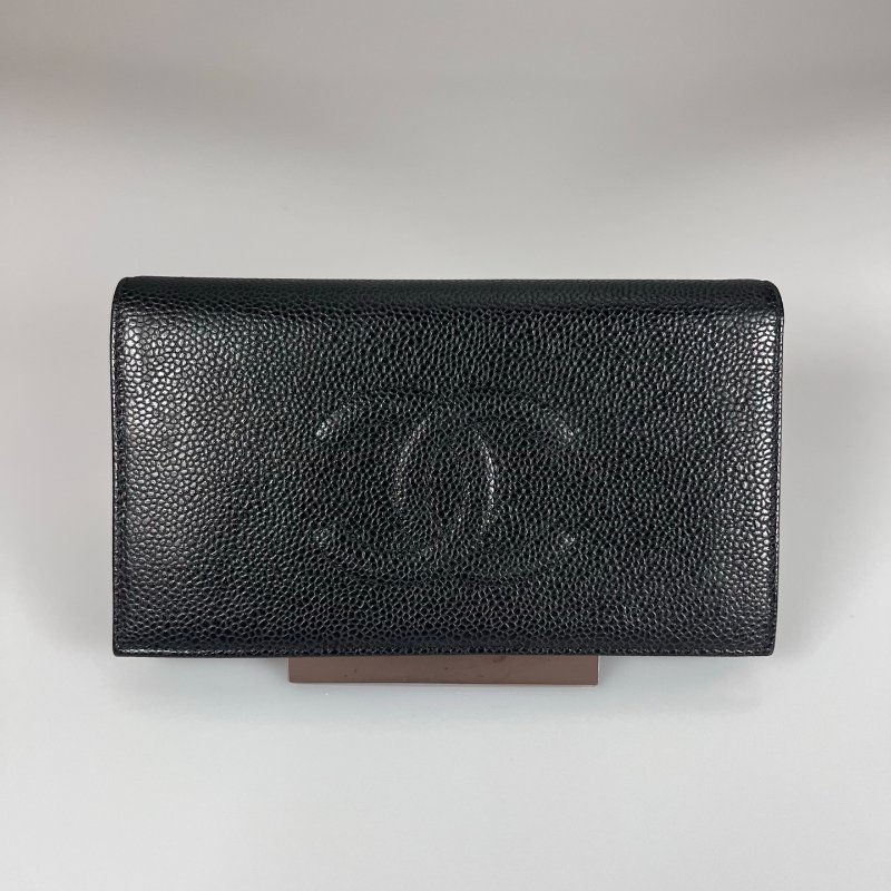 CHANEL 浮雕荔枝皮革對開長夾 黑 保卡款11開-0