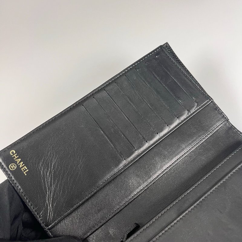 CHANEL 浮雕荔枝皮革對開長夾 黑 保卡款11開-7