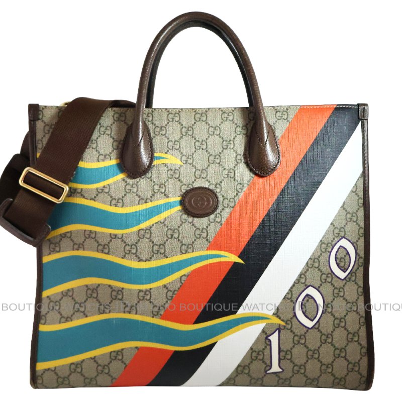 金鐸精品~2512 GUCCI古馳 100 Centum系列限量版幾何印花 GG Supreme中型手提側肩背托特包-0