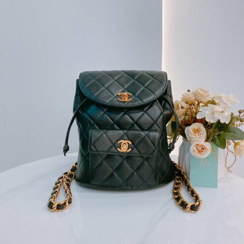 MS0591 Chanel 香奈兒 中古 雙肩包 背包 羊皮 黑色  24K黃金扣 Vinatge Duma 23cm Lambskin Black x Ghw