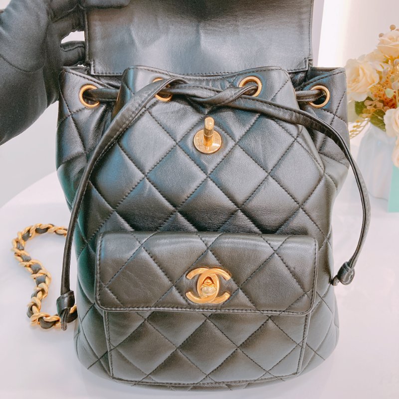 MS0591 Chanel 香奈兒 中古 雙肩包 背包 羊皮 黑色  24K黃金扣 Vinatge Duma 23cm Lambskin Black x Ghw-13