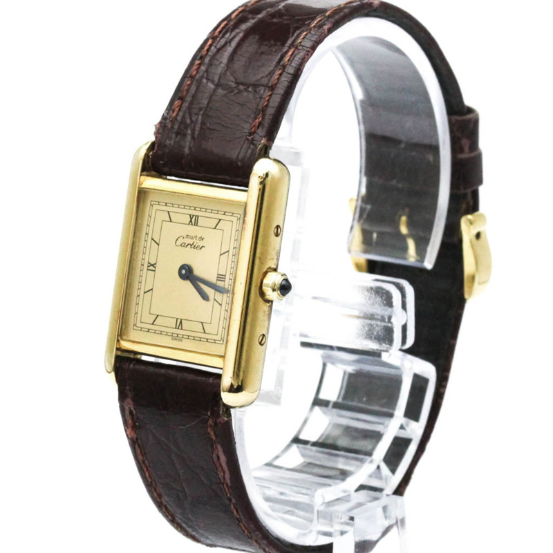 卡地亞 Must Tank 鍍金皮革石英女士腕錶 366001-1