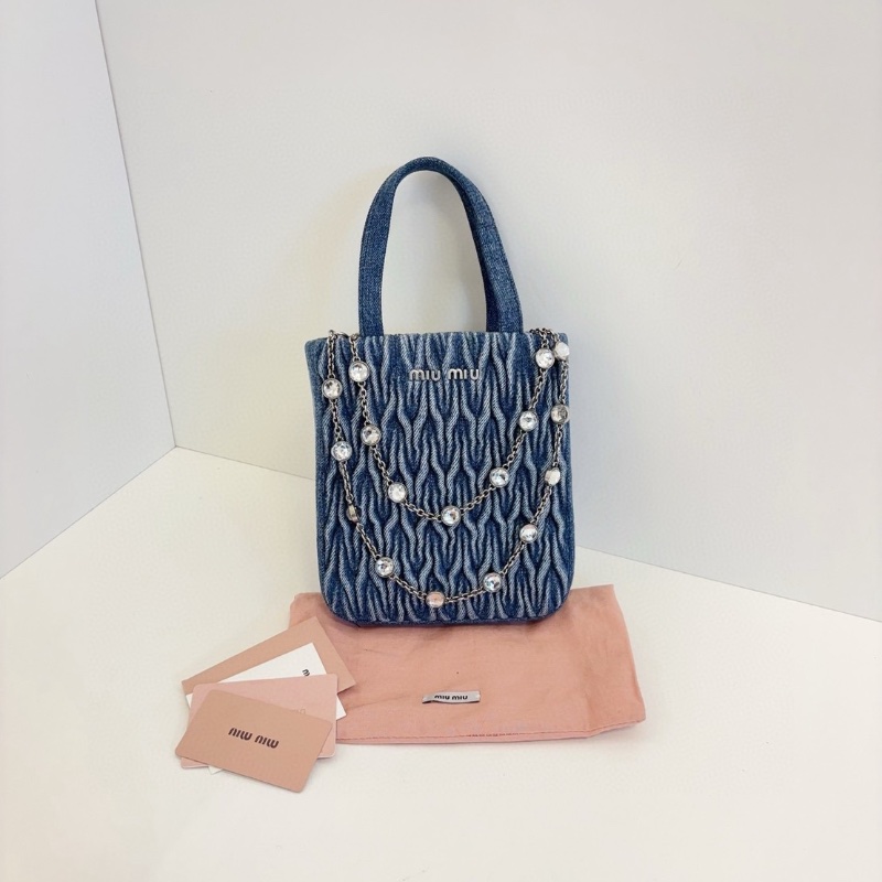 MiuMiu 牛仔帆布藍 鑽石mini tote琴譜包 16*18*5  98新配件塵袋-2