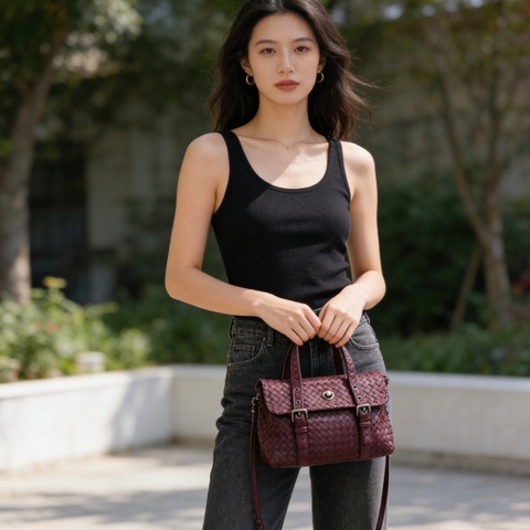 BV 酒紅色經典編織劍橋包公事包25*16*8  98新配件塵袋