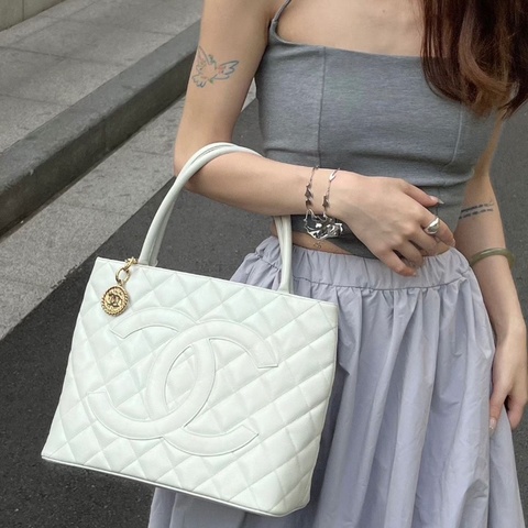 Chanel 中古希爾頓手提包 白金 荔枝皮 30*25*15 98新配件塵袋