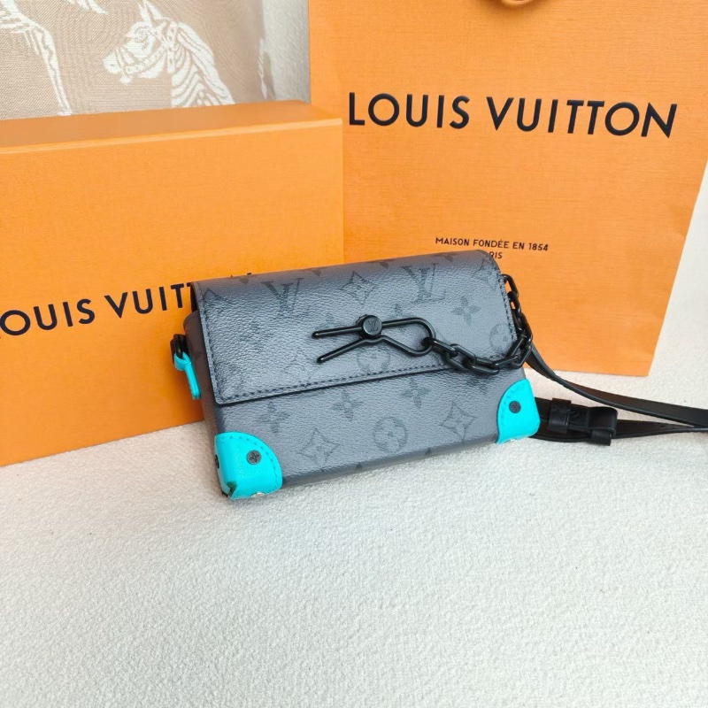 LV Steamer盒子包灰色 老花拼藍色 芯片款 17.5*11*6 98新配件盒子 塵袋 購證-5